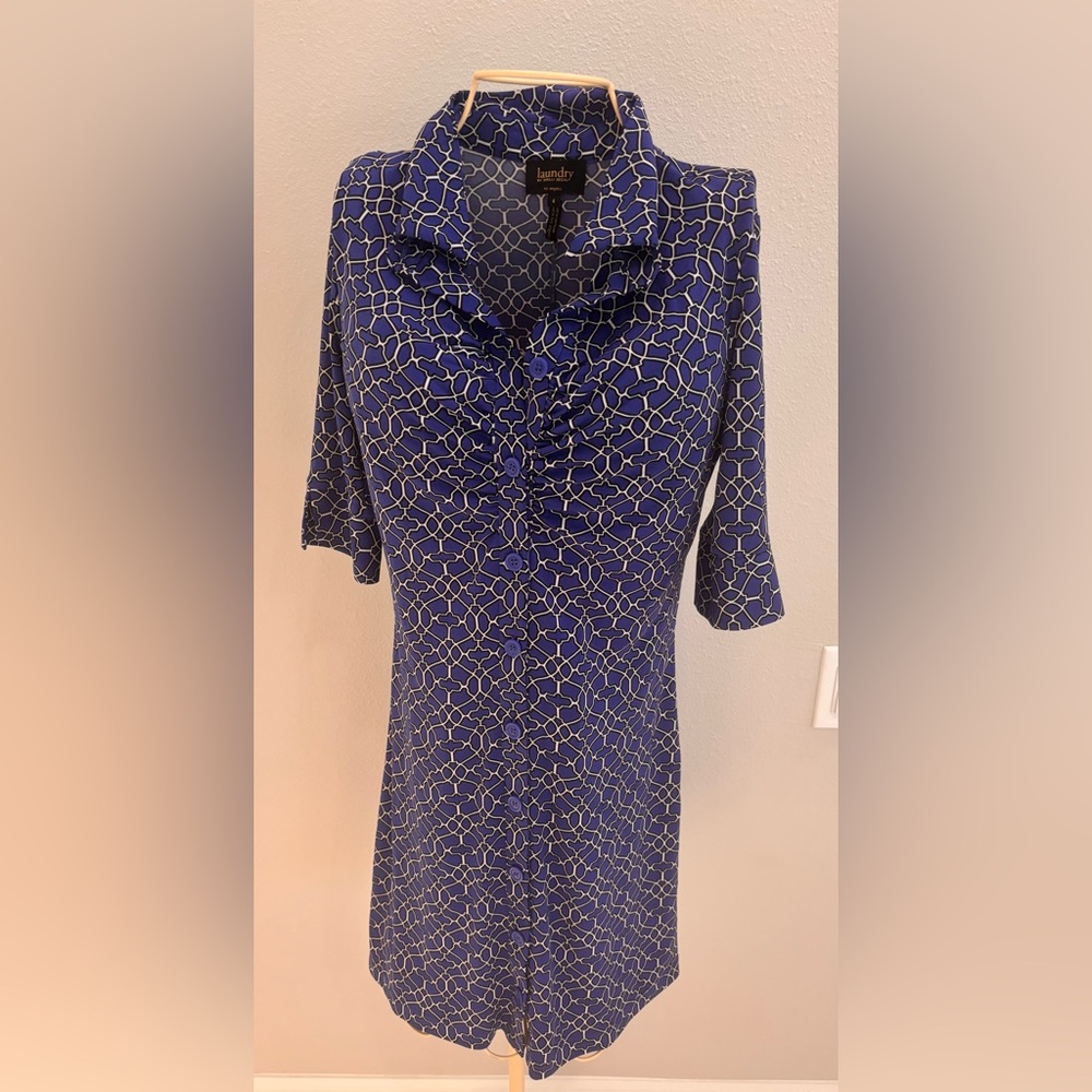 Laundry by Shelli Segal Blue and Gold Button-Up Dress Size 4